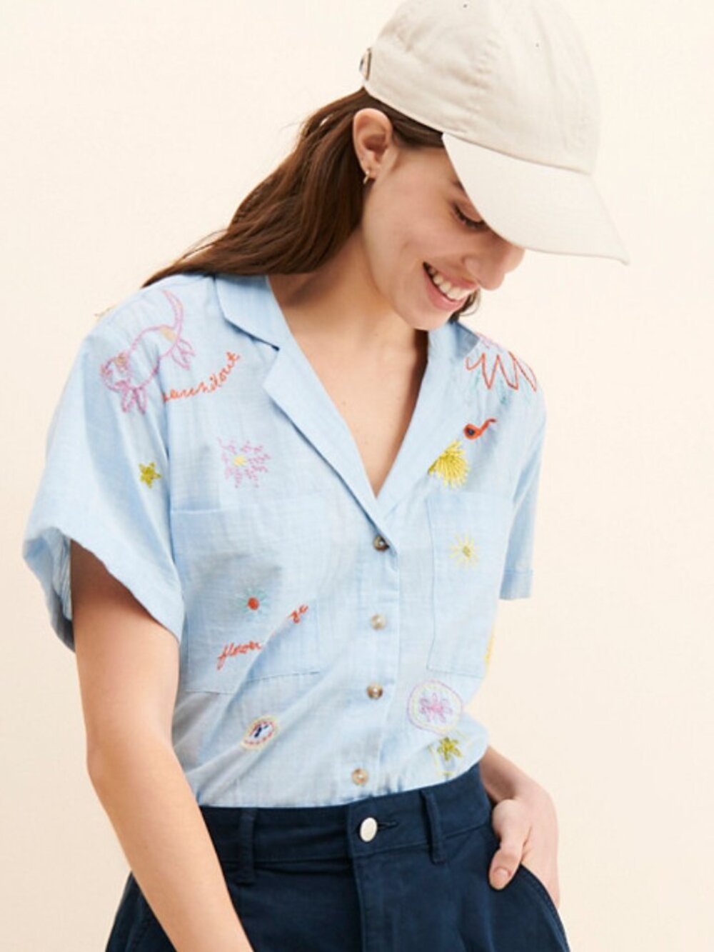 Anthropologie Embroidered Blue Button Down